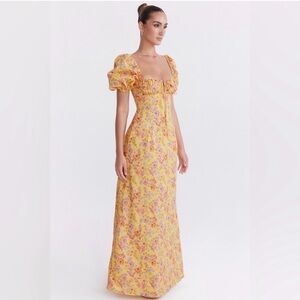 HOUSE OF CB 'Felizia' Butter Print Puff Sleeve sundress yellow S